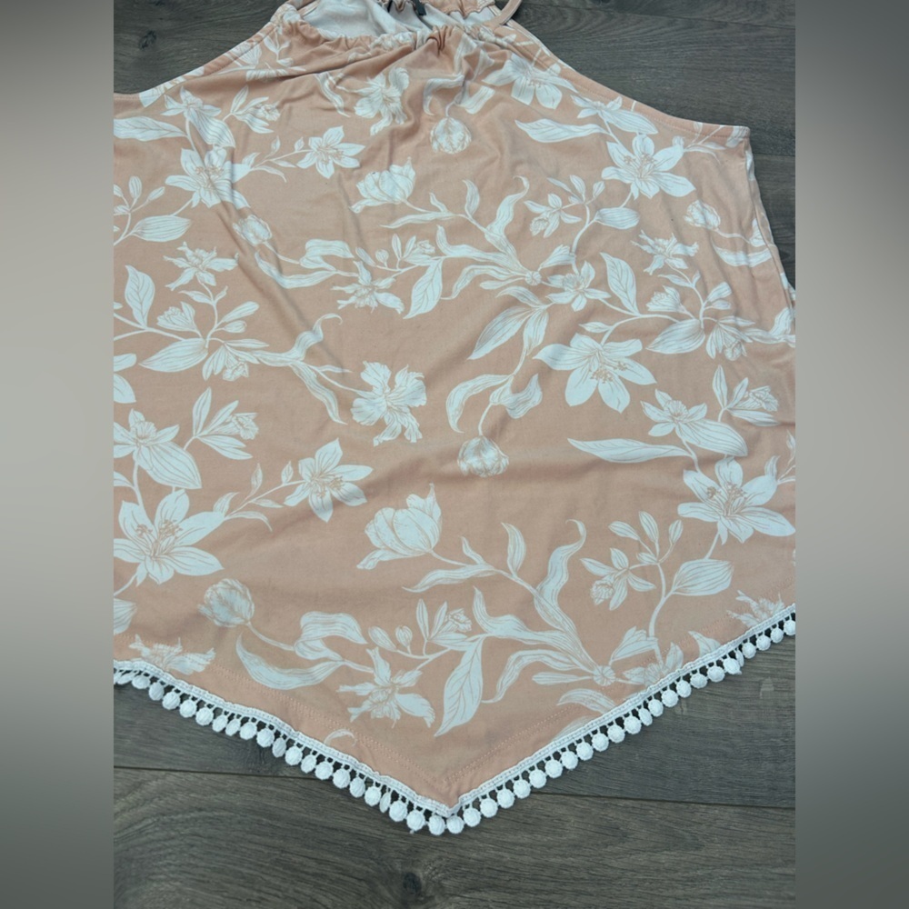 Pink and White Floral Halter Top with Pom Pom Trim - Picture 2 of 2